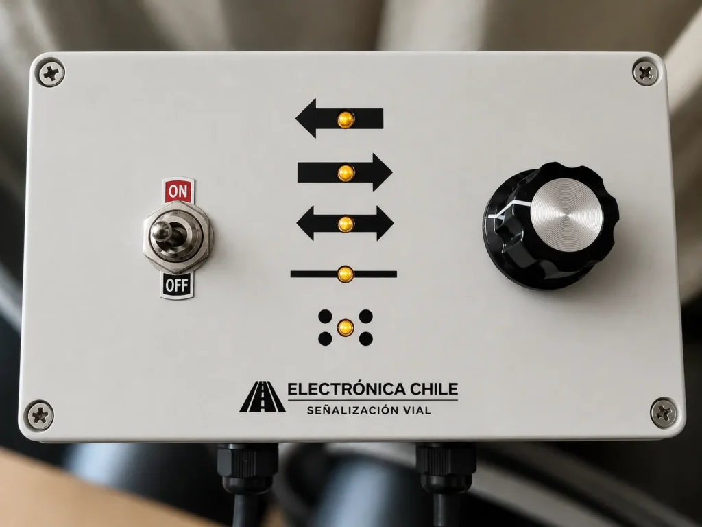 caja de control diseñada para la operación de paneles flecha LED para señalización vial. Permite seleccionar entre los 5 patrones de flechas direccionales e indicadores luminosos, asegurando una comunicación visual clara y efectiva en entornos urbanos, industriales y de construcción.