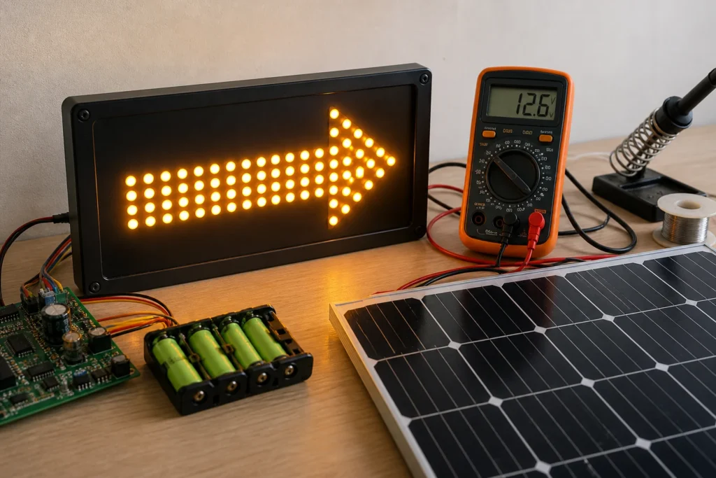 Panel flecha LED de señalización vial con sistema electrónico, baterías y energía solar en banco de trabajo
