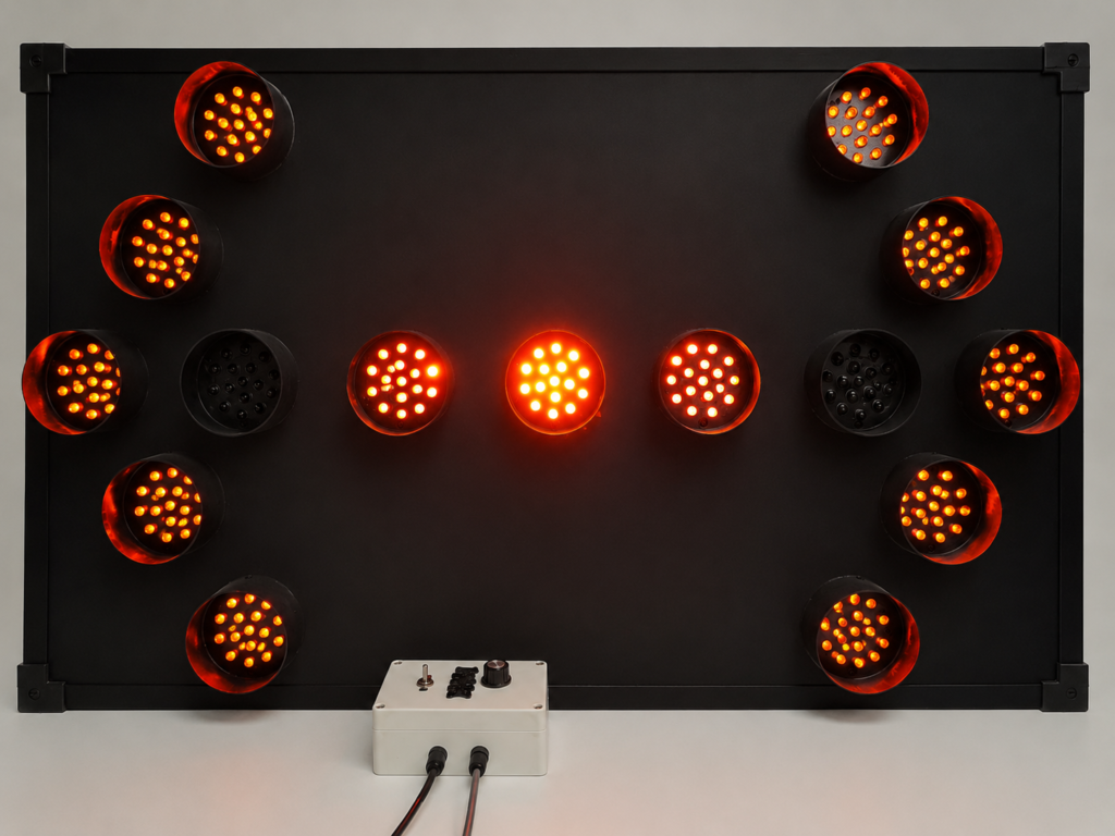 Panel flecha LED vial de alta visibilidad con focos LED ámbar y caja controladora externa para señalización de tránsito y desvíos viales.