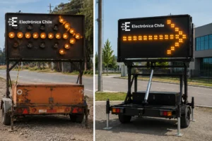 Comparación entre un panel flecha LED antiguo y uno moderno fabricado por Electrónica Chile, mostrando la evolución en diseño, eficiencia, estructura y tecnología para señalización vial.
