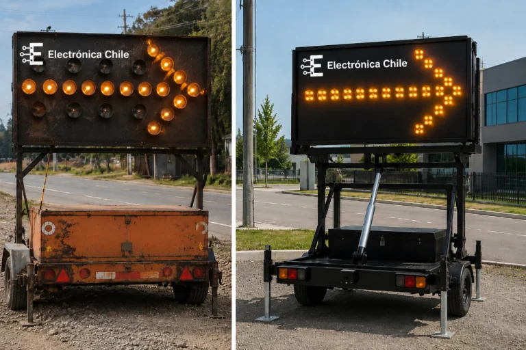 Comparación entre un panel flecha LED antiguo y uno moderno fabricado por Electrónica Chile, mostrando la evolución en diseño, eficiencia, estructura y tecnología para señalización vial.