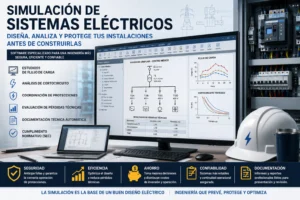 Simulación de sistemas eléctricos mediante software especializado como ETAP, DIgSILENT PowerFactory y CYME para análisis de fallas, coordinación de protecciones y evaluación de pérdidas técnicas.