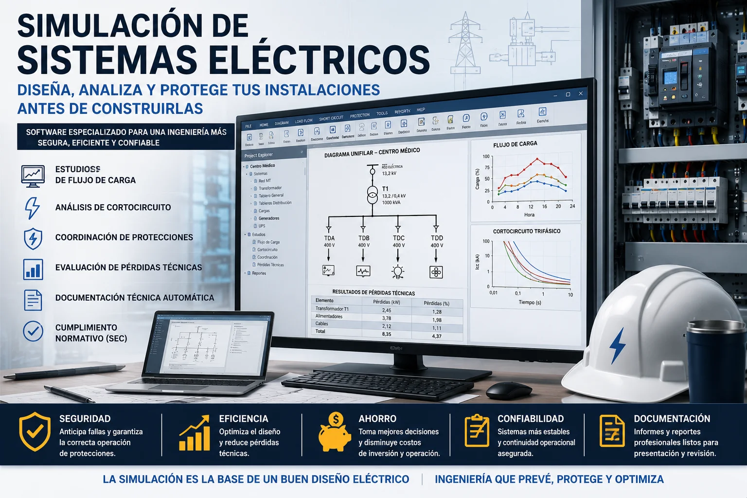 Simulación de sistemas eléctricos mediante software especializado como ETAP, DIgSILENT PowerFactory y CYME para análisis de fallas, coordinación de protecciones y evaluación de pérdidas técnicas.