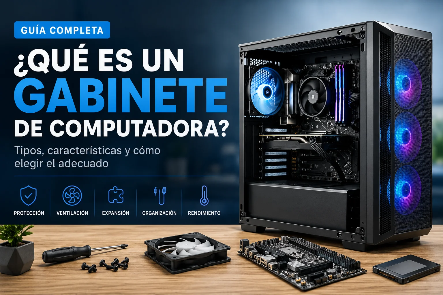 Gabinete de computadora moderno con panel lateral transparente que muestra la placa base, el sistema de refrigeración y los componentes internos de un PC de escritorio.