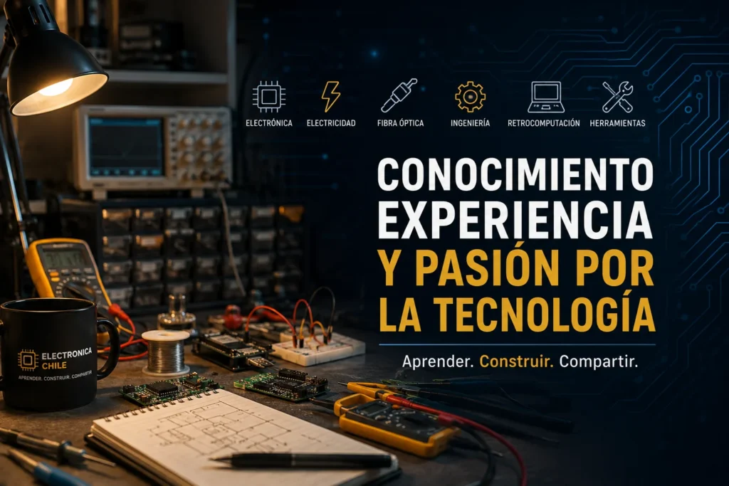 Mesa de trabajo de electrónica con instrumentos de medición, componentes electrónicos, cuaderno de proyectos y herramientas que representan la filosofía de aprendizaje, desarrollo de proyectos y tecnología de ElectronicaChile.cl.