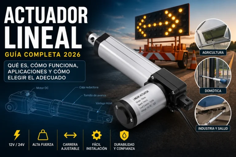 Actuador lineal eléctrico de 12V utilizado en sistemas de automatización industrial y señalización vial.