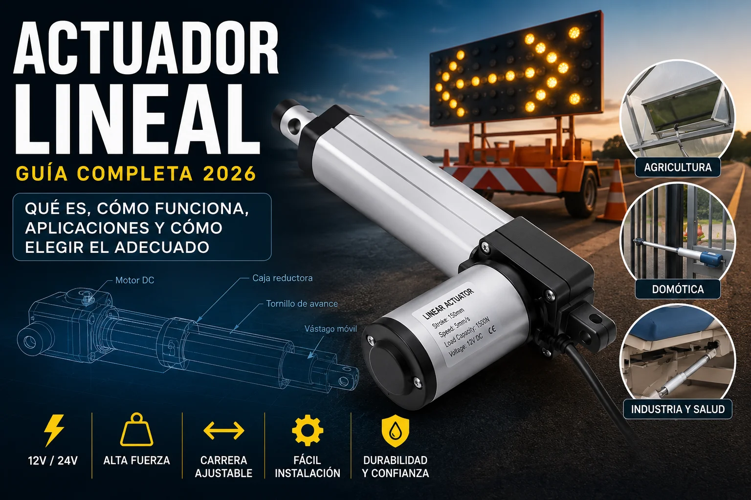 Actuador lineal eléctrico de 12V utilizado en sistemas de automatización industrial y señalización vial.