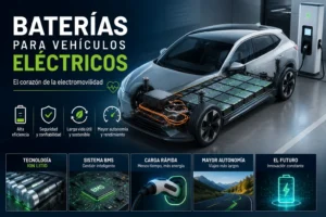 Ilustración de una batería de litio instalada en un vehículo eléctrico mostrando su funcionamiento y sistema de gestión de energía.
