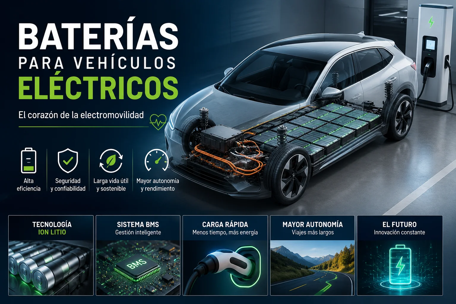 Ilustración de una batería de litio instalada en un vehículo eléctrico mostrando su funcionamiento y sistema de gestión de energía.