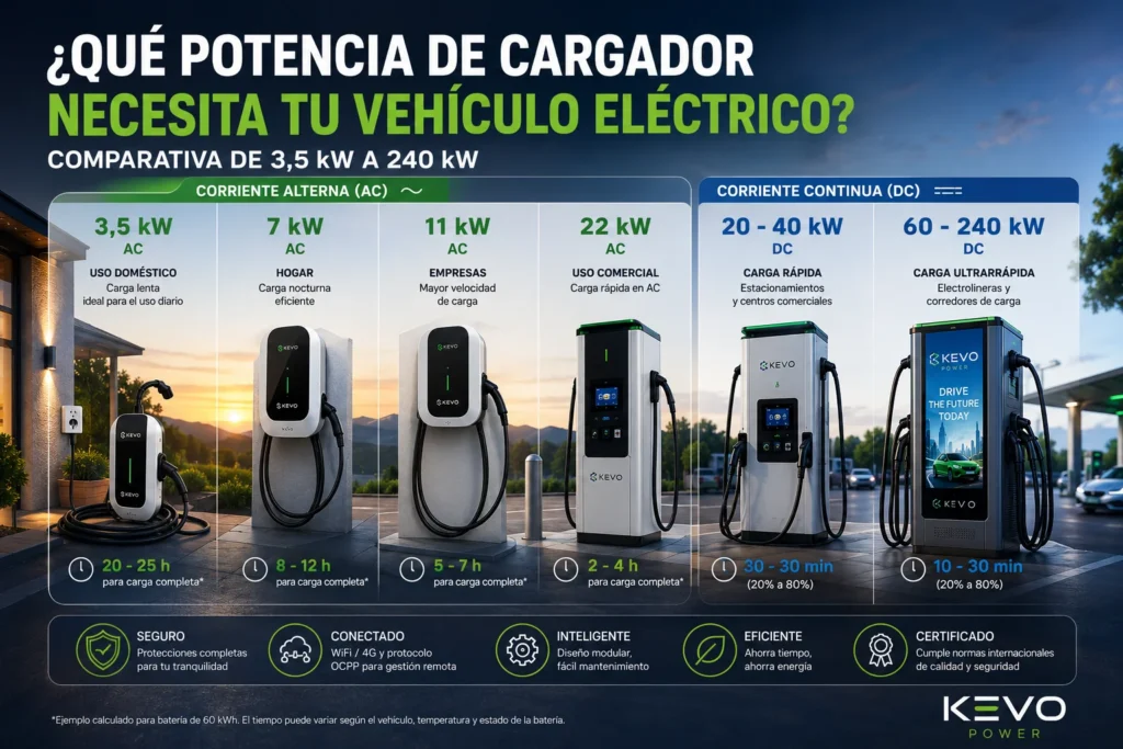 Comparativa de cargadores para vehículos eléctricos desde 3,5 kW hasta 240 kW, mostrando las diferencias entre carga AC y DC y sus principales aplicaciones.