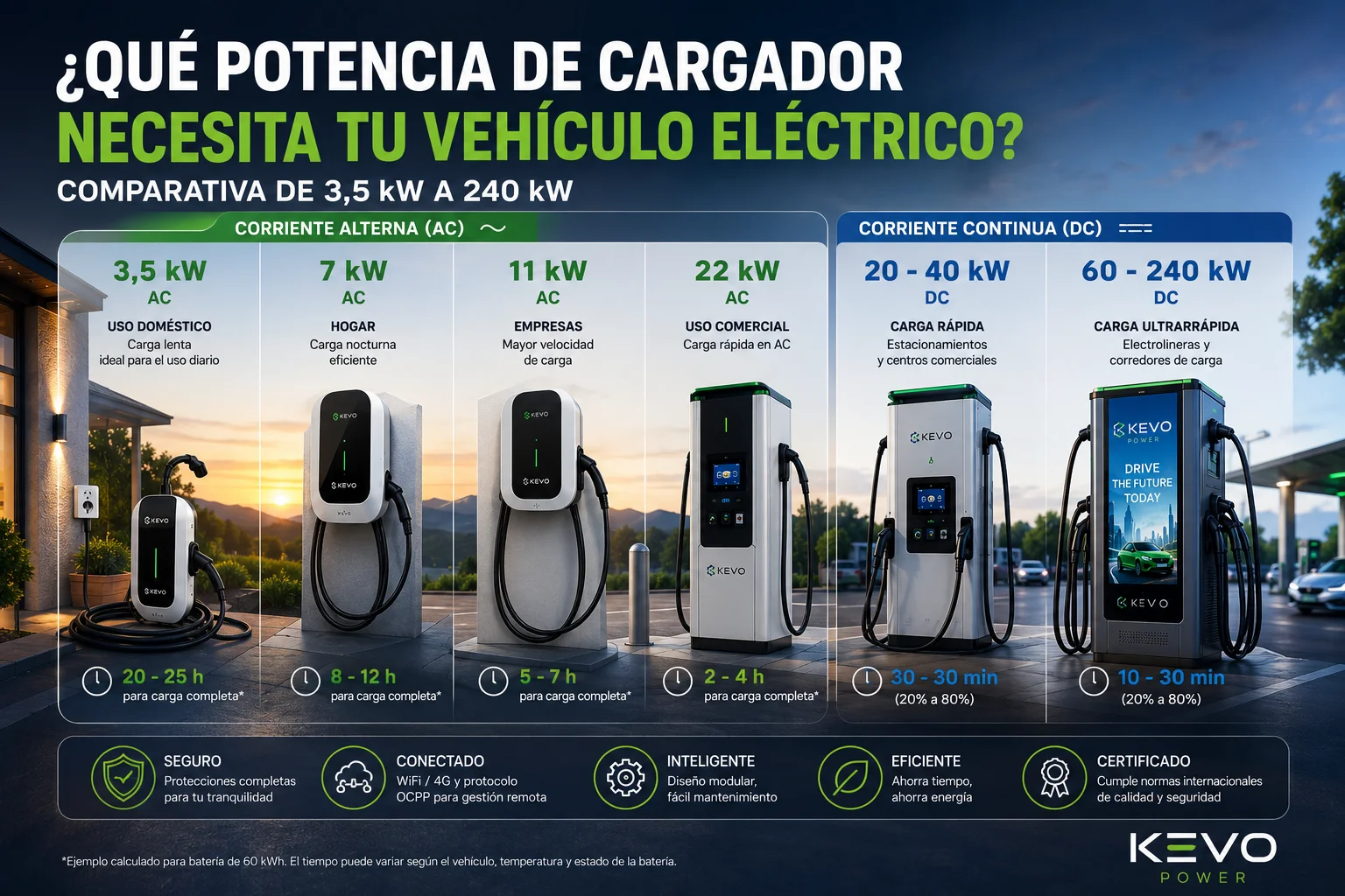 Comparativa de cargadores para vehículos eléctricos desde 3,5 kW hasta 240 kW, mostrando las diferencias entre carga AC y DC y sus principales aplicaciones.