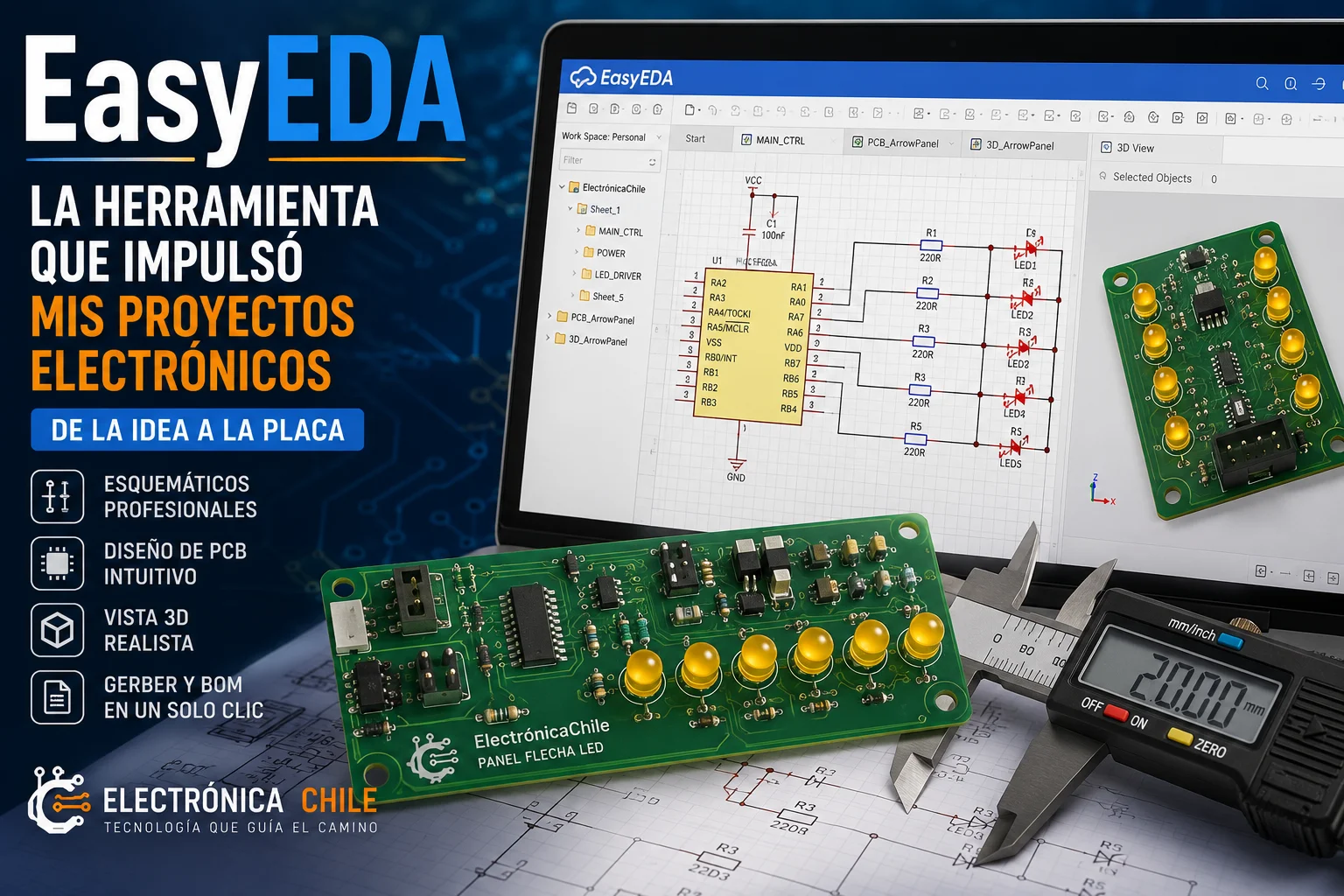 Captura de EasyEDA mostrando el diseño de una PCB para un panel flecha LED desarrollado para ElectrónicaChile.