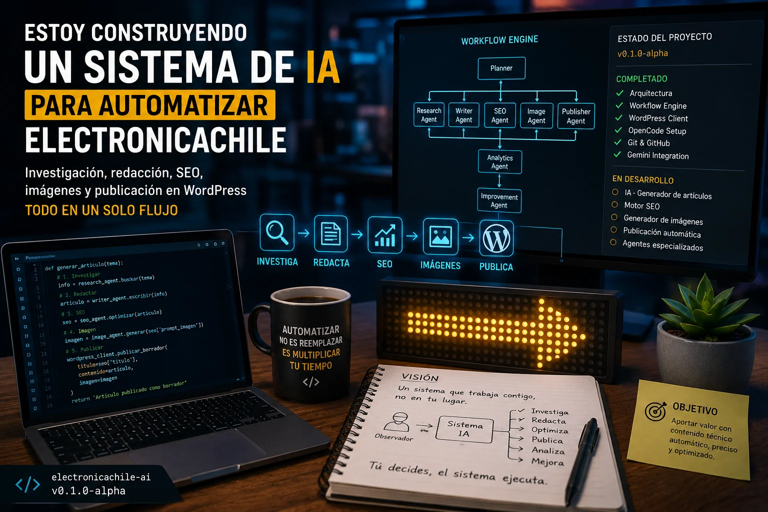 ElectronicaChile AI: sistema de automatización de contenido con inteligencia artificial para WordPress utilizando OpenCode, Gemini y un Workflow Engine basado en agentes especializados.