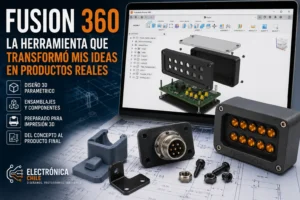Diseño de un gabinete y componentes electrónicos en Fusion 360 para un proyecto de ElectrónicaChile, mostrando el proceso de modelado 3D y desarrollo de un producto listo para impresión 3D.