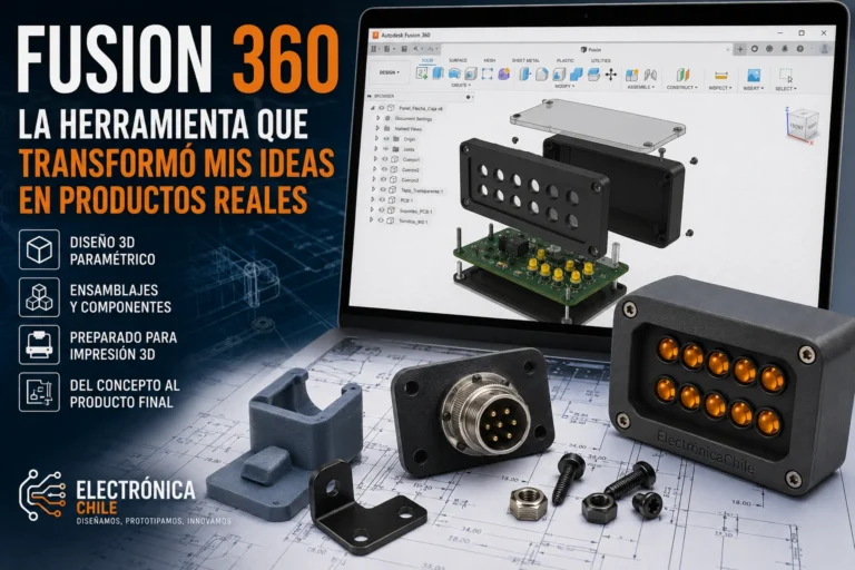 Diseño de un gabinete y componentes electrónicos en Fusion 360 para un proyecto de ElectrónicaChile, mostrando el proceso de modelado 3D y desarrollo de un producto listo para impresión 3D.