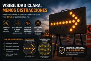 Panel flecha LED color ámbar con superficie opaca que mejora la visibilidad y reduce reflejos en trabajos de señalización vial.