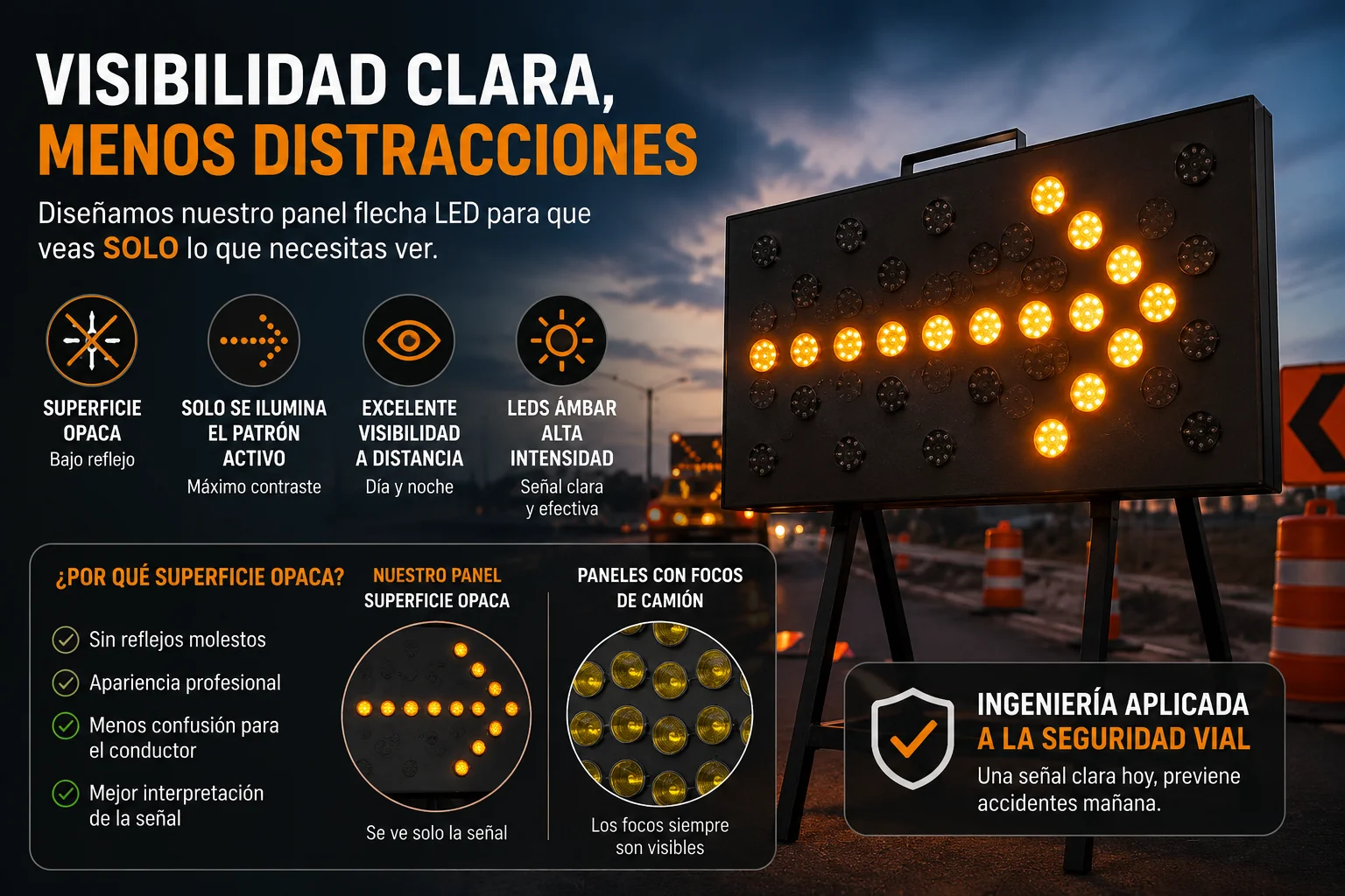 Panel flecha LED color ámbar con superficie opaca que mejora la visibilidad y reduce reflejos en trabajos de señalización vial.
