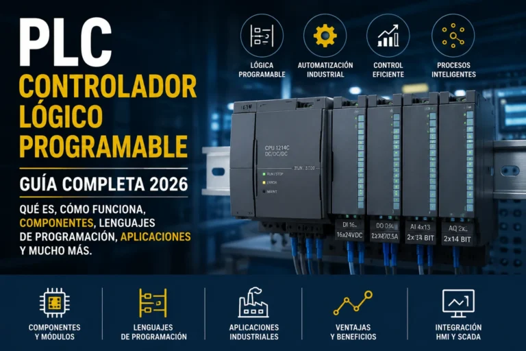 PLC o Controlador Lógico Programable utilizado en automatización industrial para controlar procesos, sensores y actuadores.