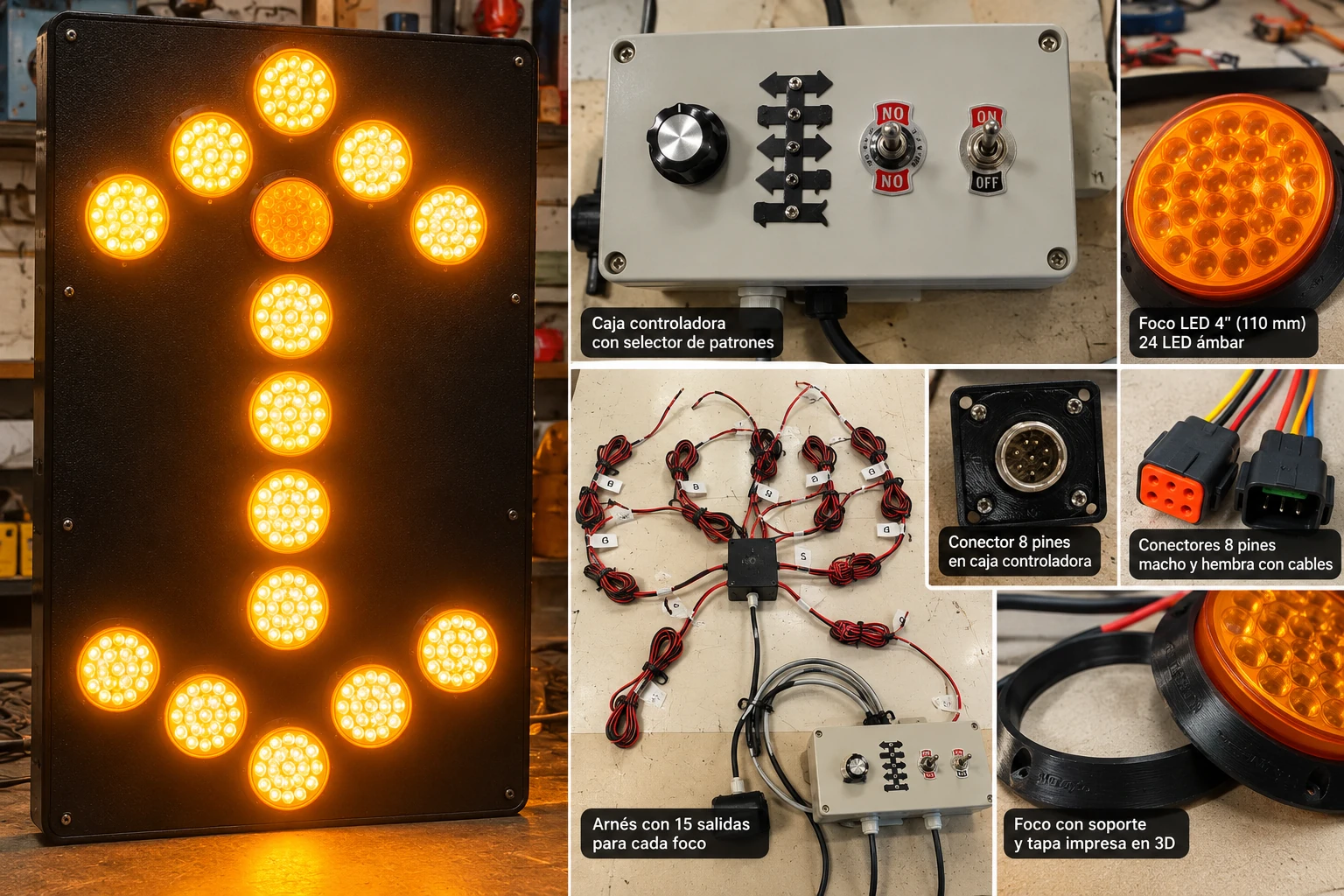 Panel flecha LED ámbar con caja controladora externa de Electrónica Chile